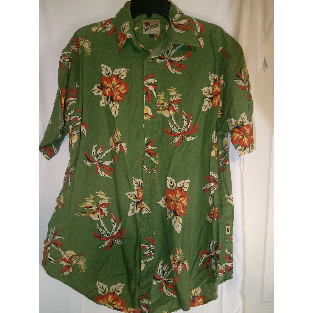 Tommy Hilfiger Vintage Hawaiian Floral Short Sleeve Button Down Shirt Green M
